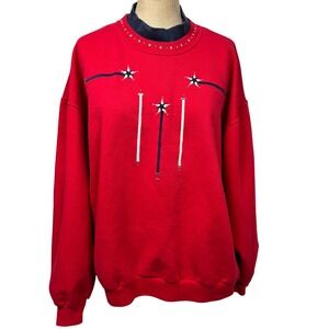 VTG SHIPSHE Red Sweatshirt Blue White Star Stripe Stud Women L Patriotic Novelty